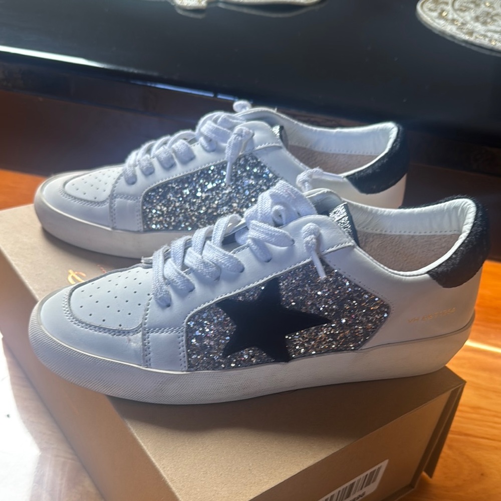 White and Silver Glitter Star Sneakers